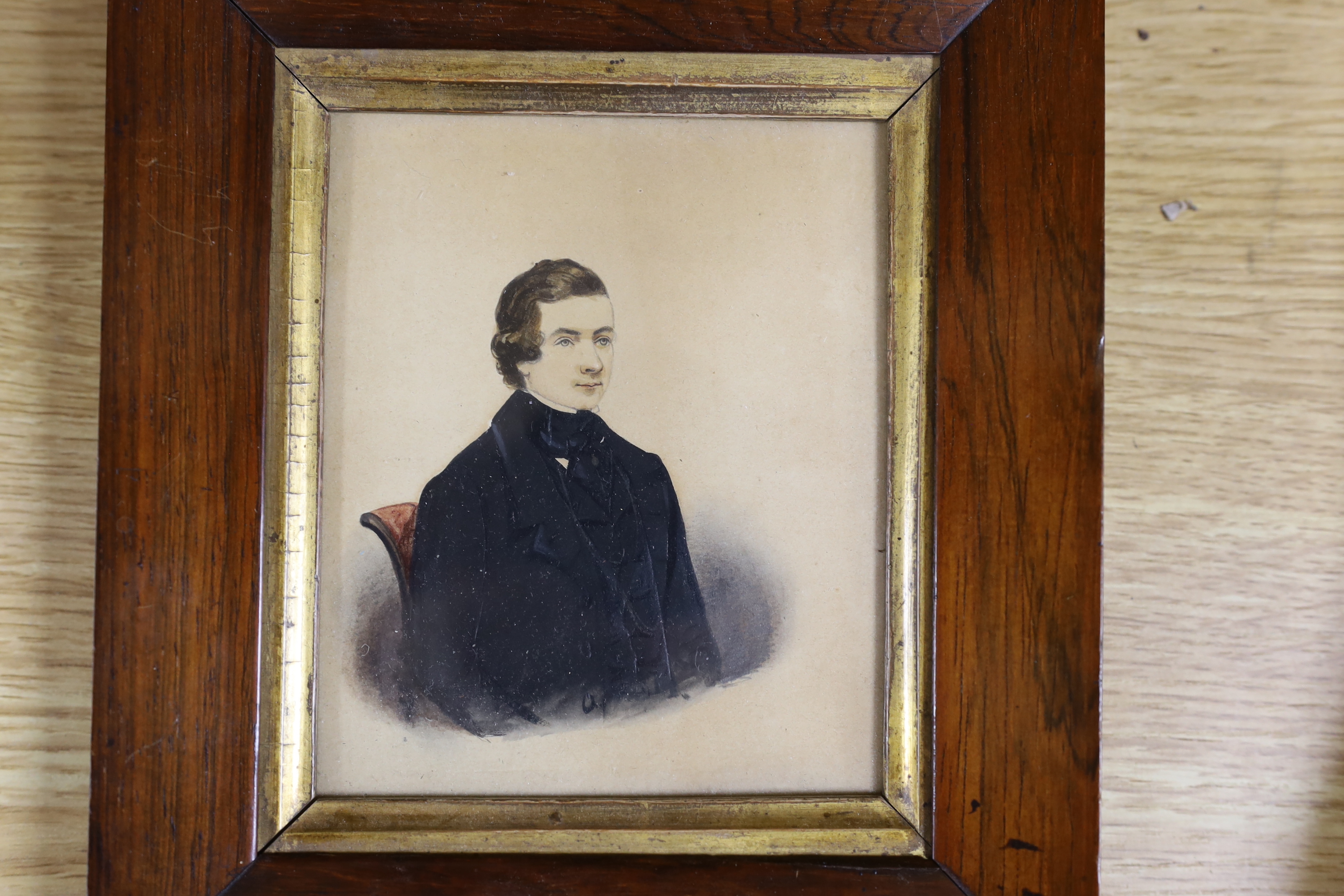 Mr Greenfield (19th C.), watercolour on paper, Portrait of the artist and his mother, 12.5 x 9.5cm, another miniature by R & W Kerry of a gentleman in a black jacket and a smaller miniature of a Georgian gentleman